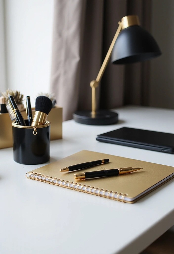10 Stunning Black & Gold Home Office Aesthetic Ideas That Scream Luxe! - 2. Luxe Black and Gold Desk Accessories