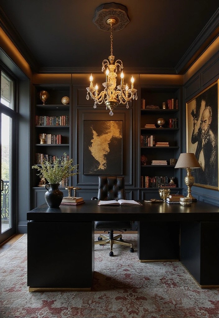 10 Stunning Black & Gold Home Office Aesthetic Ideas That Scream Luxe! - 3. Statement Lighting Fixtures
