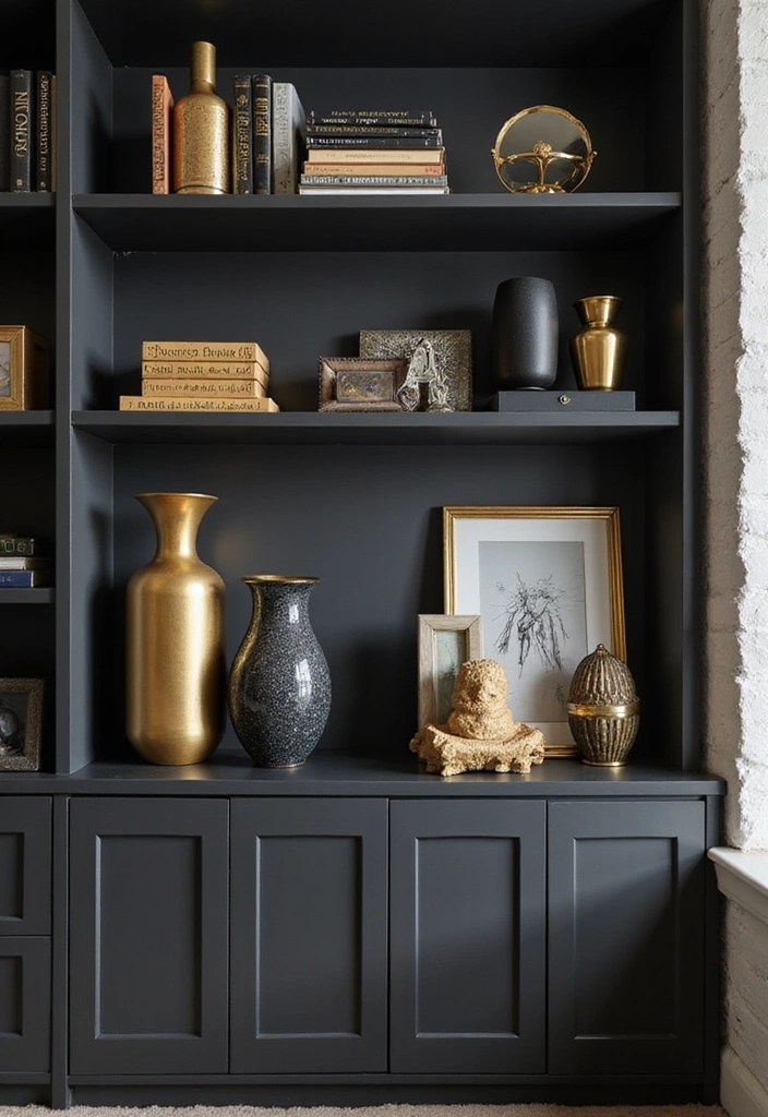 Striking Sophisticated Black and Gold Accents for Home Office - Sophisticated Black and Gold Shelf Decor