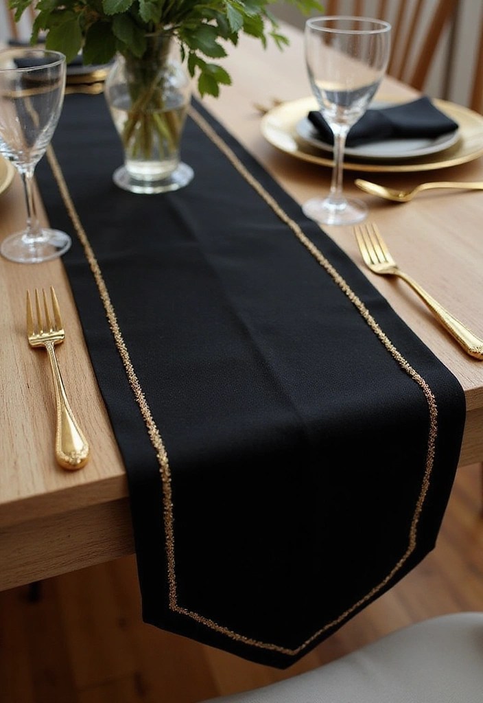 18 Elegant Black and Gold Table Decor Ideas for Your Next Dinner Party (Guests Will Be Impressed!) - 1. Luxurious Black Table Runner with Gold Details