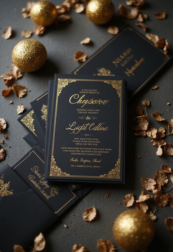 18 Elegant Black and Gold Table Decor Ideas for Your Next Dinner Party (Guests Will Be Impressed!) - 12. Bold Black and Gold Invitations