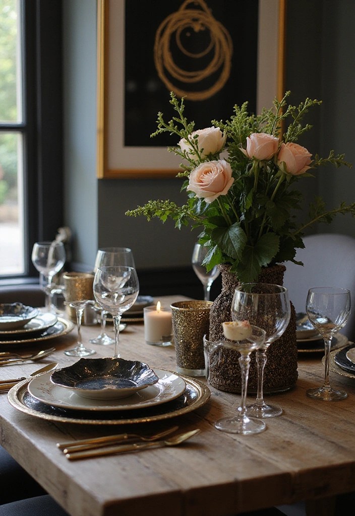 18 Elegant Black and Gold Table Decor Ideas for Your Next Dinner Party (Guests Will Be Impressed!) - 14. Unique Black and Gold Artwork as Table Decor