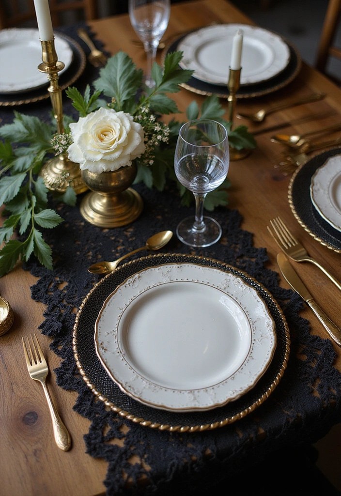18 Elegant Black and Gold Table Decor Ideas for Your Next Dinner Party (Guests Will Be Impressed!) - 16. Classic Black Lace Overlay