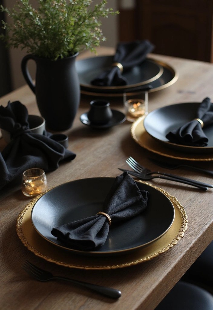18 Elegant Black and Gold Table Decor Ideas for Your Next Dinner Party (Guests Will Be Impressed!) - 2. Elegant Gold Charger Plates Under Black Dinnerware